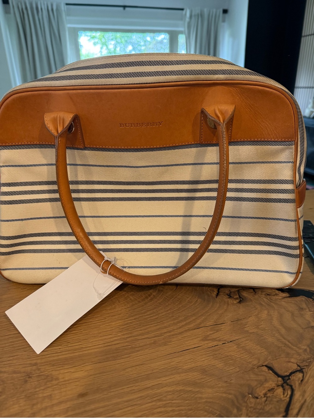 Burberry Striped Canvas Duffel with Tan Leather Trim